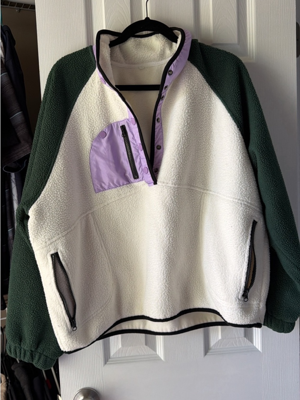Cozy Colorblock Sherpa Pullover - Cream, Forest Green & Lavender